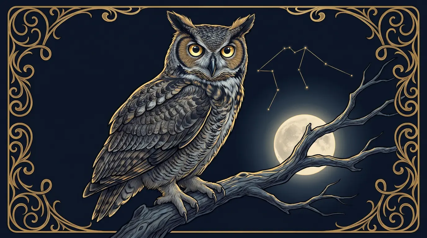 A great horned owl perched on a moonlit branch with large luminous eyes, gold rim-lighting on its gray-and-brown feathers, art-nouveau celestial accents — the Aquarius spirit animal
