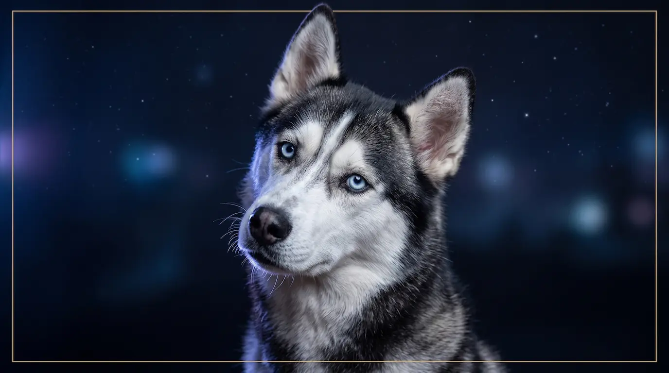 A striking Siberian Husky with pale ice-blue eyes and a curious tilted-head expression, lit by cool electric-blue light against a deep navy background with faint stars, embodying the independent, inventive energy of an Aquarius dog