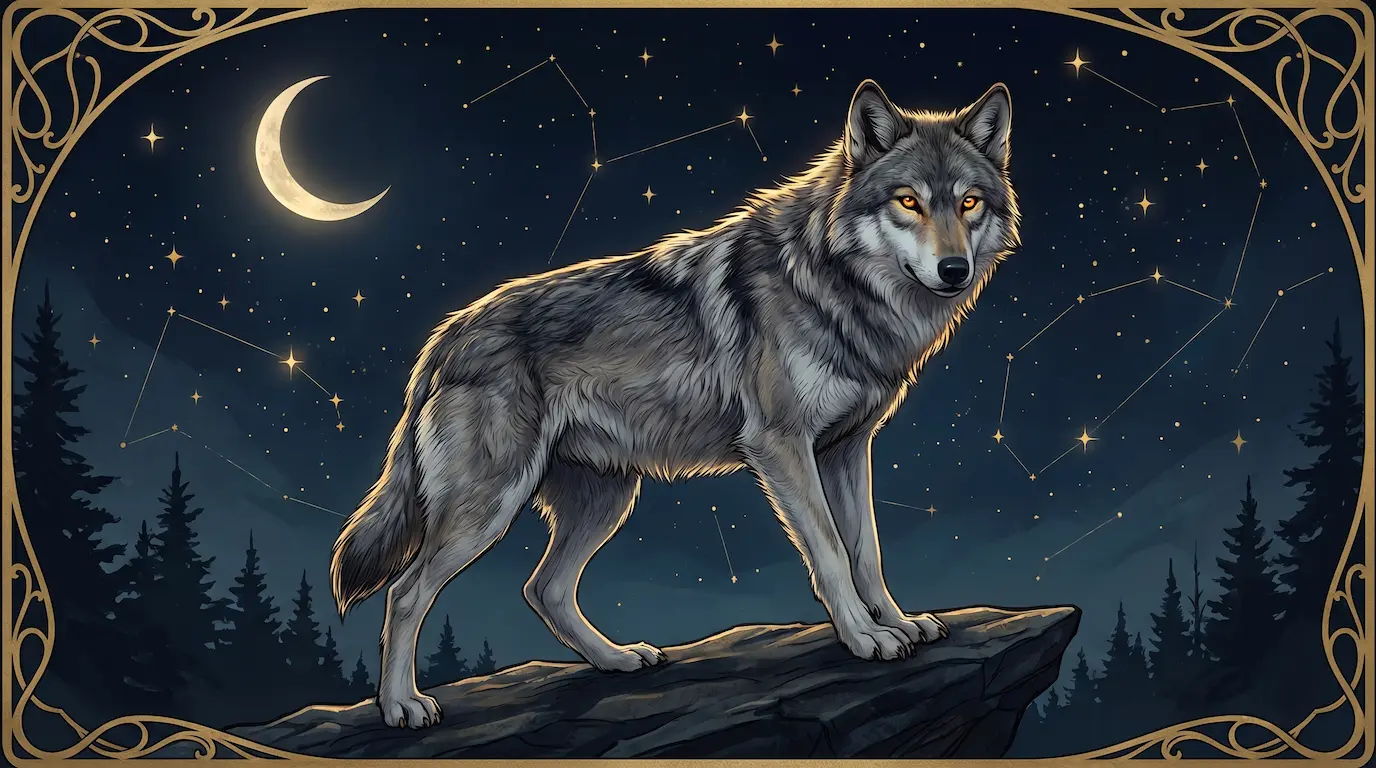 A lone wolf with amber eyes standing in a midnight forest under a crescent moon, gold rim-lighting on its gray-and-white fur, art-nouveau celestial accents — the Aries spirit animal