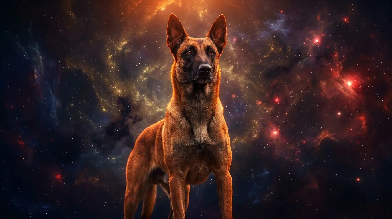 A confident dog standing alert against a cosmic nebula background with red Mars-tinted star clouds, embodying the bold energy of an Aries canine