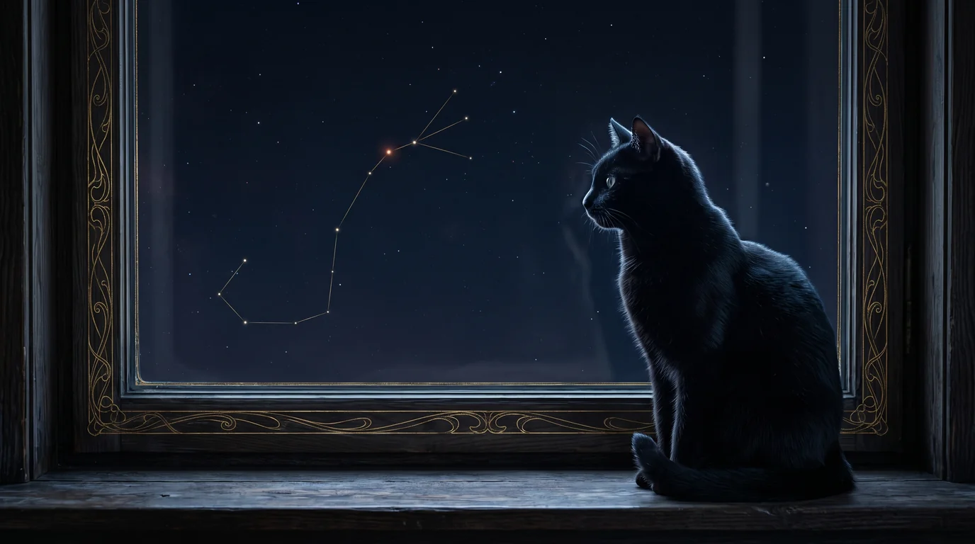 A black cat sitting on a dark wooden windowsill at night, looking out at the Scorpius constellation traced in thin gold lines, with the red star Antares at the scorpion's heart