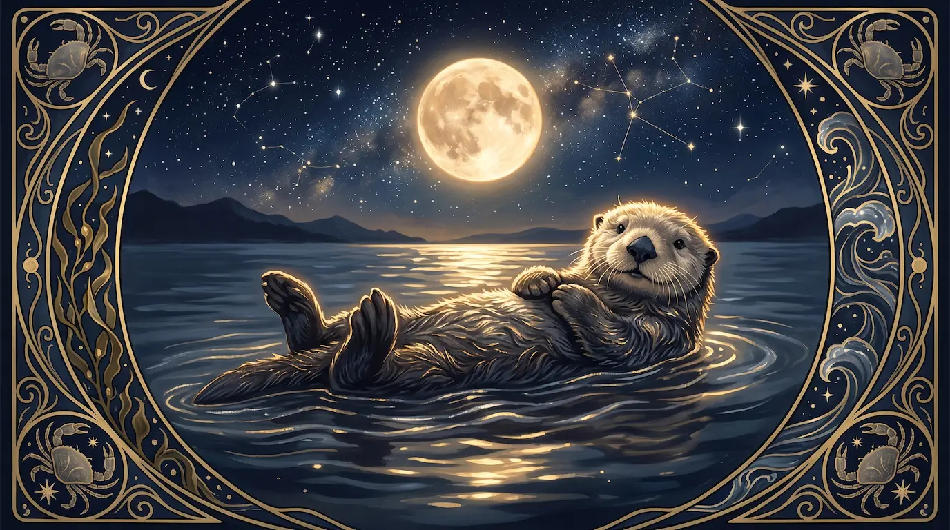 A sea otter floating on its back on calm moonlit water under a starry midnight sky, gold rim-lighting on its wet fur, art-nouveau celestial accents — the Cancer spirit animal
