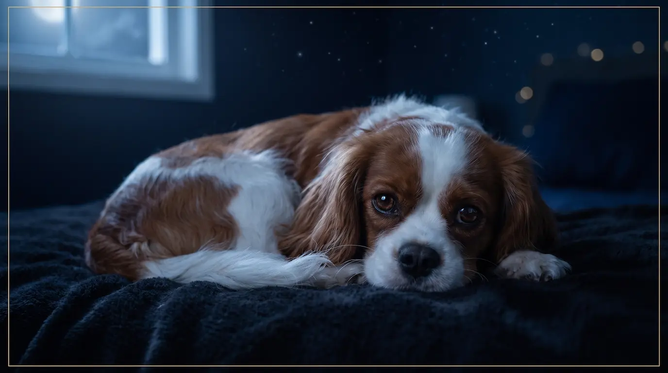A gentle Cavalier King Charles Spaniel with soft, devoted eyes curled up on a bed in a dark bedroom, lit by cool silver-blue moonlight from a window with faint stars, embodying the sensitive, home-loving energy of a Cancer dog