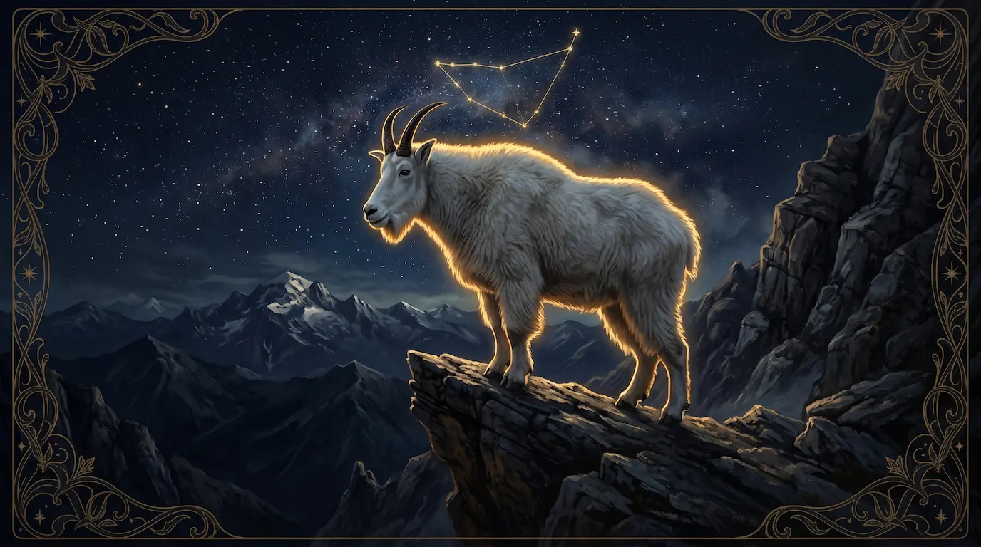 A mountain goat standing sure-footed on a high rocky ridge under a starry midnight sky, gold rim-lighting on its white coat, art-nouveau celestial accents — the Capricorn spirit animal