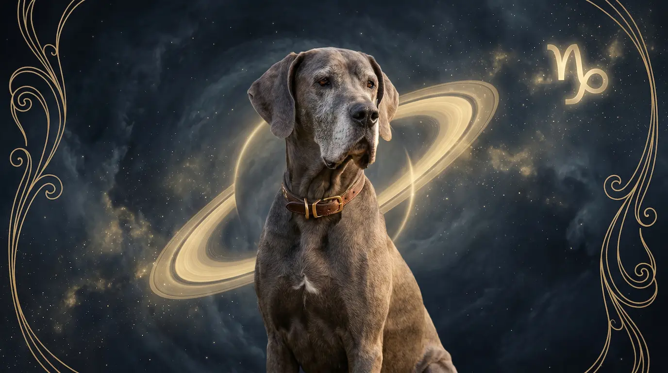 A composed, dignified dog sitting with quiet stillness against a cosmic nebula background with cool slate-grey and deep-gold Saturn-tinted star clouds, embodying the reserved, dignified energy of a Capricorn canine