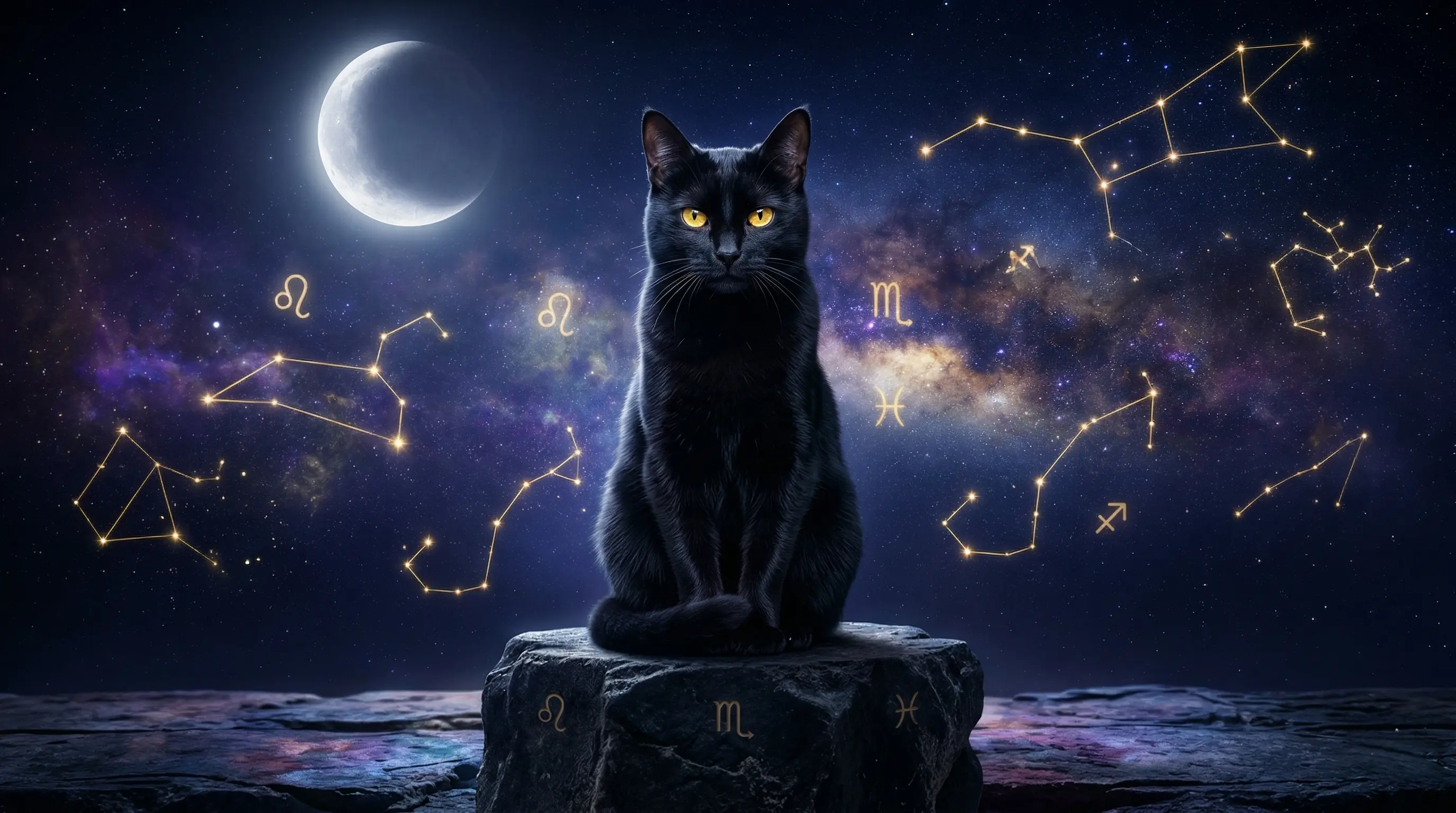 Black cat with constellation patterns and celestial symbols — cat astrology concept