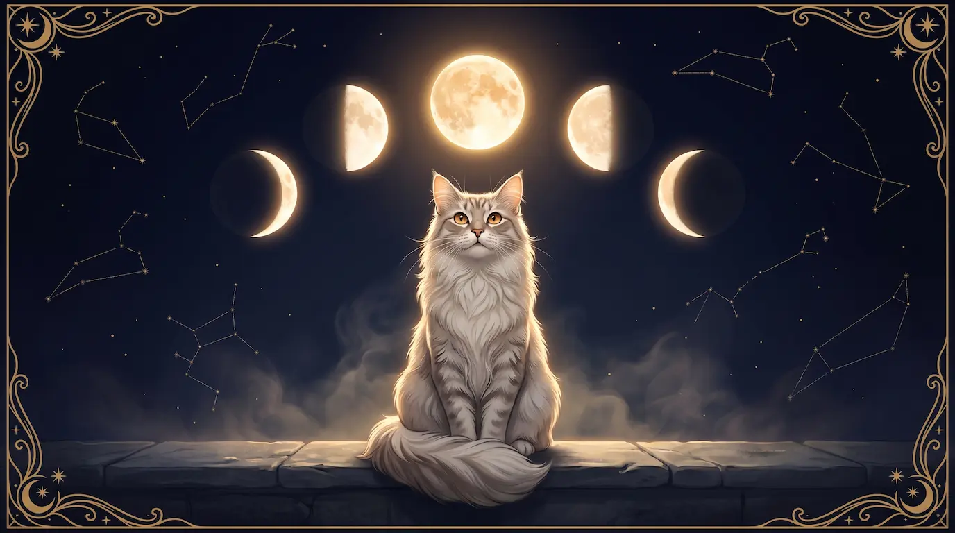 A serene cat seated beneath a luminous moon and shifting celestial phases — daily cat horoscope concept