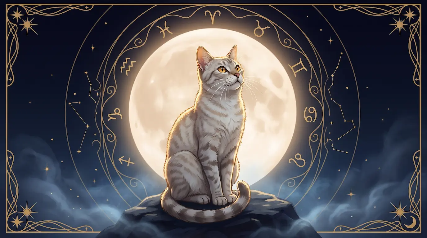 A serene cat sitting before a luminous full moon surrounded by celestial zodiac symbols and gold constellations on a deep midnight navy sky — cat moon sign astrology