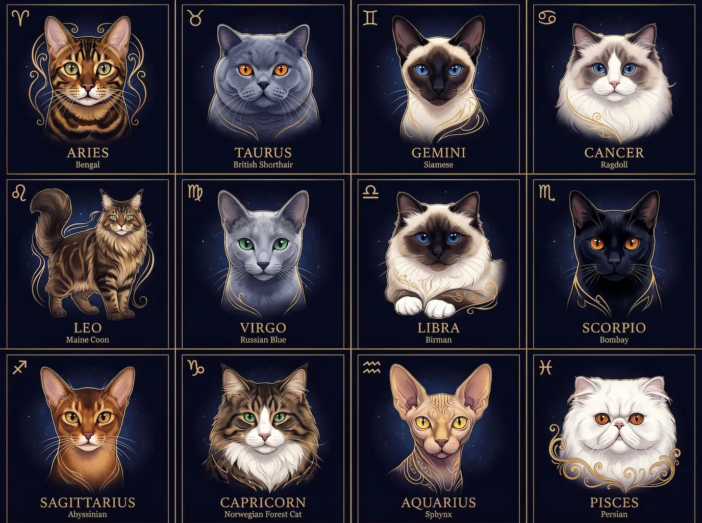 A 4-by-3 grid showing all twelve zodiac-matched cat breeds — Bengal, British Shorthair, Siamese, Ragdoll, Maine Coon, Russian Blue, Birman, Bombay, Abyssinian, Norwegian Forest Cat, Sphynx, and Persian — each labeled with its sign glyph against a deep midnight navy background with constellations and gold accents