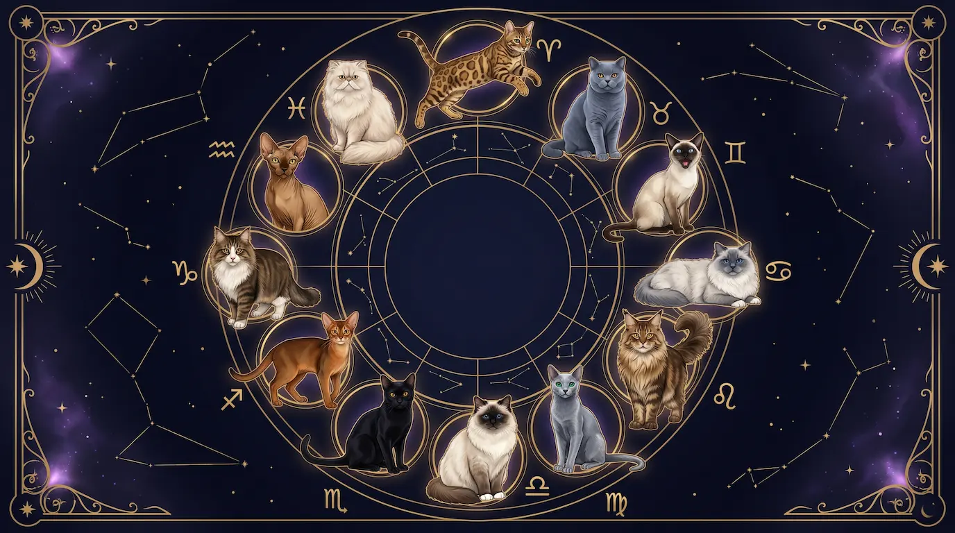 A celestial illustration of twelve cat breeds arranged in a zodiac wheel — Bengal, British Shorthair, Siamese, Ragdoll, Maine Coon, Russian Blue, Birman, Bombay, Abyssinian, Norwegian Forest Cat, Sphynx, and Persian — rendered against a deep midnight navy sky with constellations and gold accents