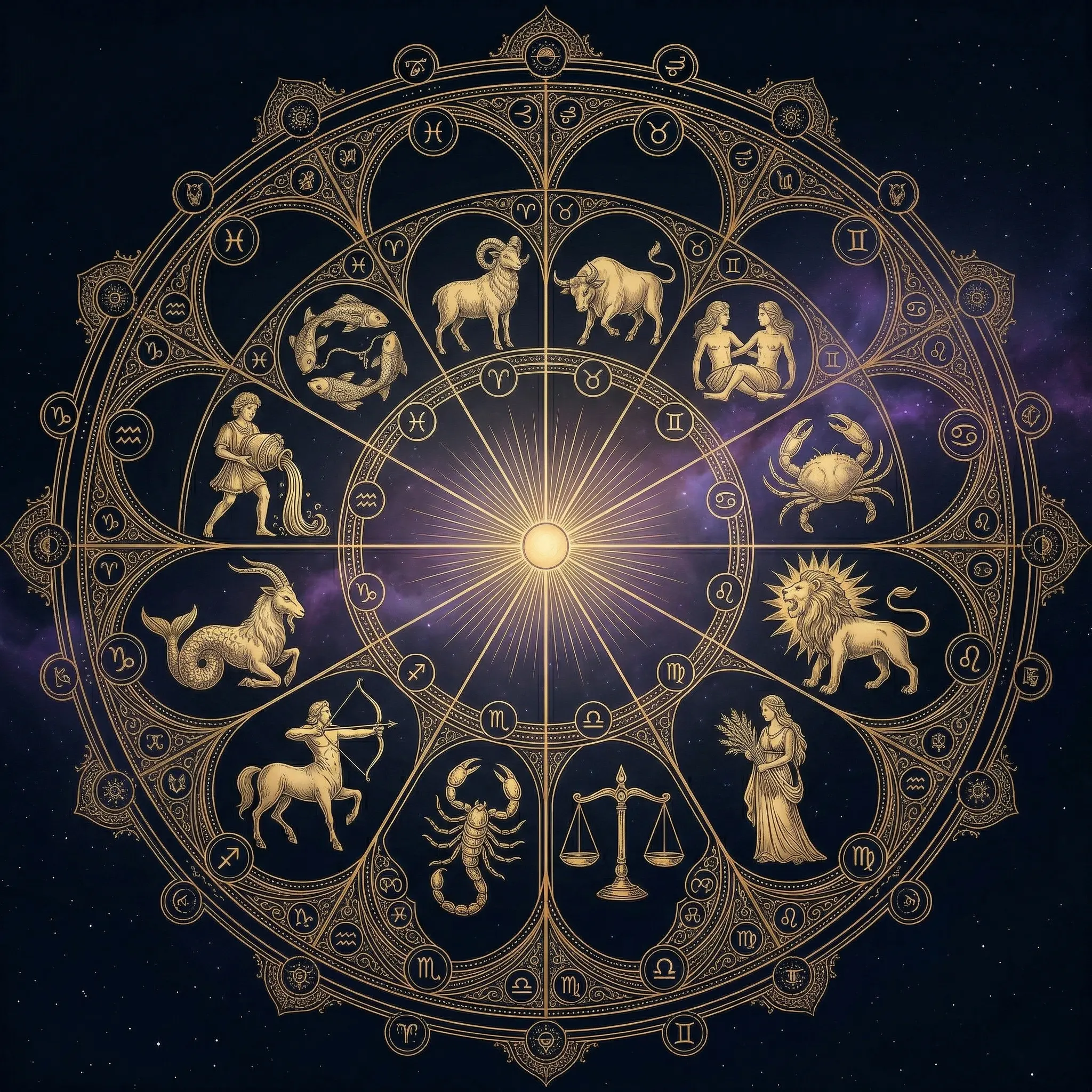 An ornate celestial wheel showing the twelve zodiac animals — ram, bull, twins, crab, lion, maiden, scales, scorpion, archer, sea-goat, water bearer, and fish — rendered in gold lineart on deep midnight navy, arranged around a glowing sun