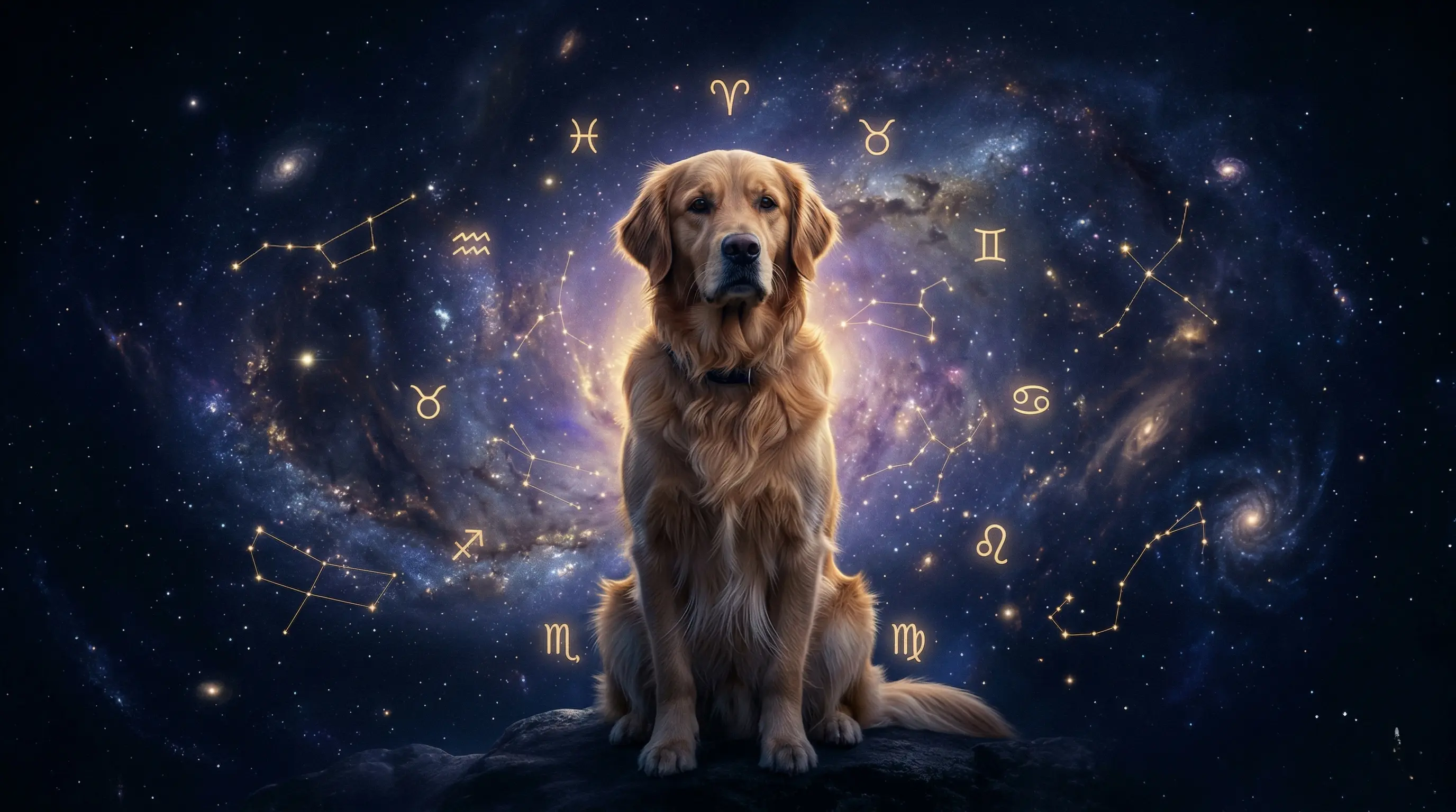Golden retriever surrounded by zodiac constellations and celestial symbols — dog astrology concept