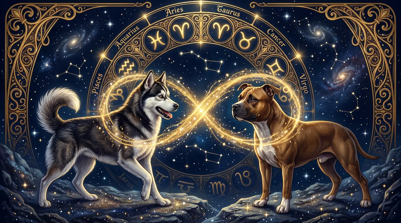 Two dogs of contrasting zodiac temperaments facing each other, joined by a golden infinity loop of stardust, against a deep midnight navy sky with the twelve-sign zodiac wheel in art-nouveau gold filigree