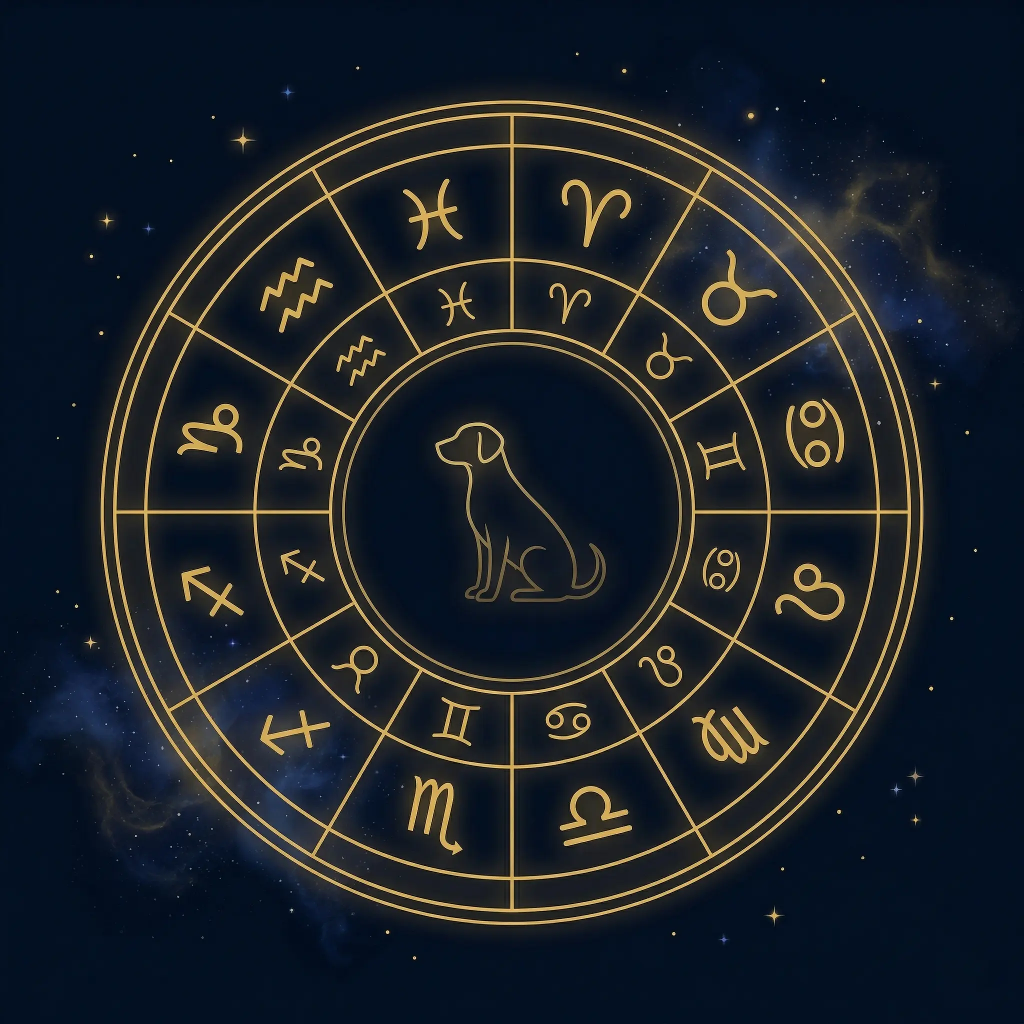 Zodiac wheel with dog silhouette — all 12 dog zodiac signs