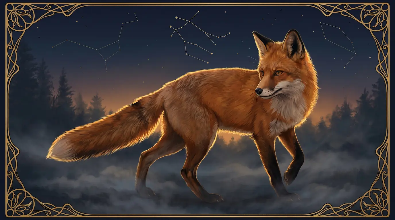 A red fox with alert ears and clever expression mid-turn at twilight, gold rim-lighting on its russet coat, art-nouveau celestial accents — the Gemini spirit animal