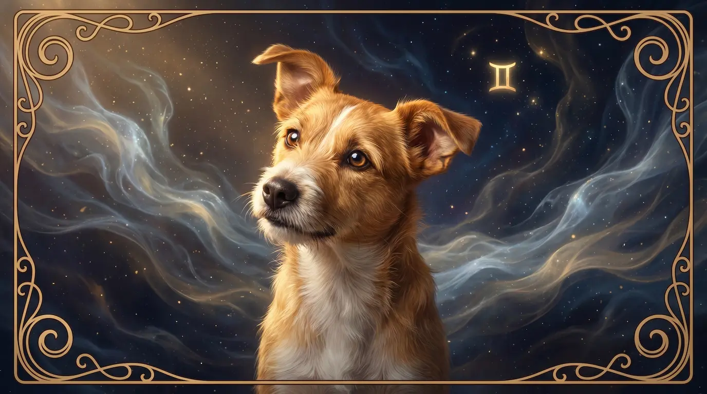 A bright, alert dog with an inquisitive expression and perked ears, head tilted in curiosity, against a cosmic nebula background with airy silver-blue Mercury-tinted star clouds, embodying the quick-minded energy of a Gemini canine
