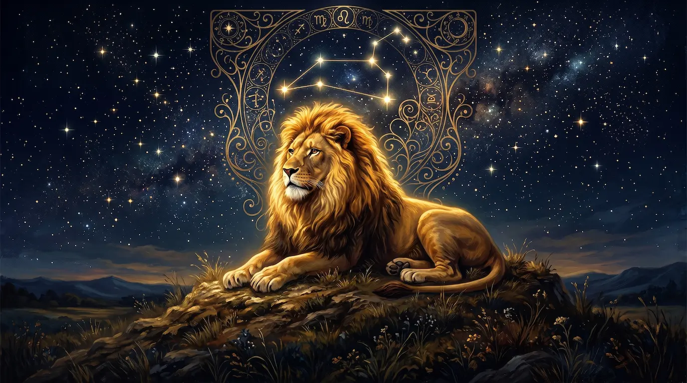 A golden lion resting regally on a rise under a starry midnight sky, warm gold light catching its mane, art-nouveau celestial accents and the Leo constellation overhead — the Leo spirit animal