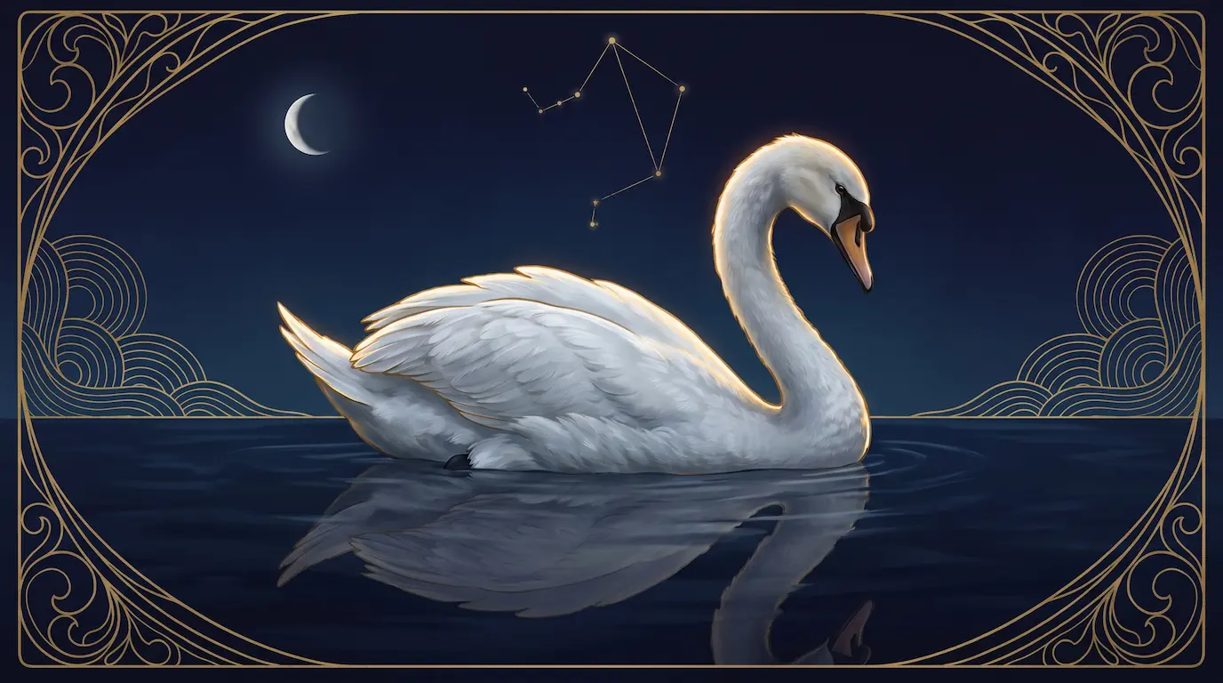 A graceful white swan gliding across still moonlit water with curved neck and pristine feathers, gold rim-lighting against deep navy sky, art-nouveau celestial accents — the Libra spirit animal