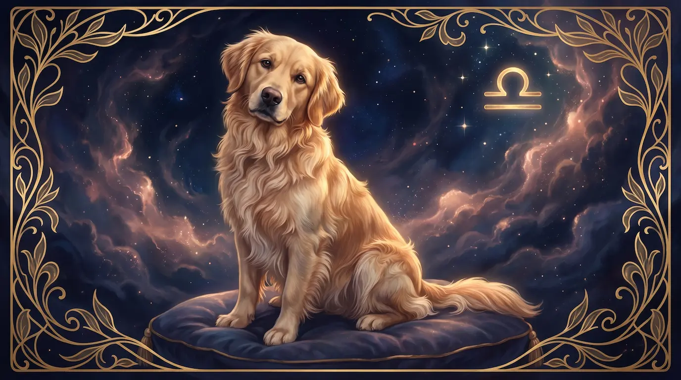 A calm, gentle dog sitting peacefully against a cosmic nebula background with soft rose-gold Venus-tinted star clouds, embodying the harmonious energy of a Libra canine