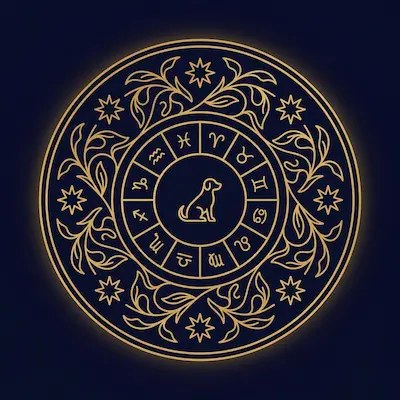 Gold line-art emblem: a seated dog at the centre of a ring of twelve zodiac glyphs, framed by art-nouveau stars and vines