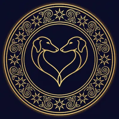 Gold line-art emblem: two dog heads facing each other, their outlines meeting to form a heart, inside a ring of stars and vines