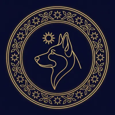 Gold line-art emblem: a dog's head in profile beneath a small sun glyph, ringed by art-nouveau stars and vines