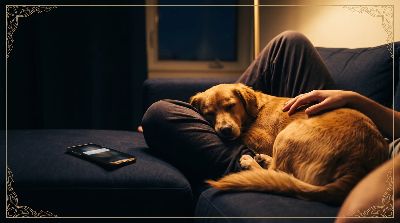 A golden dog asleep with its head on its owner's knee on a navy sofa at night, the owner's hand resting on its back and a phone lying face up on the cushion with a notification on the screen
