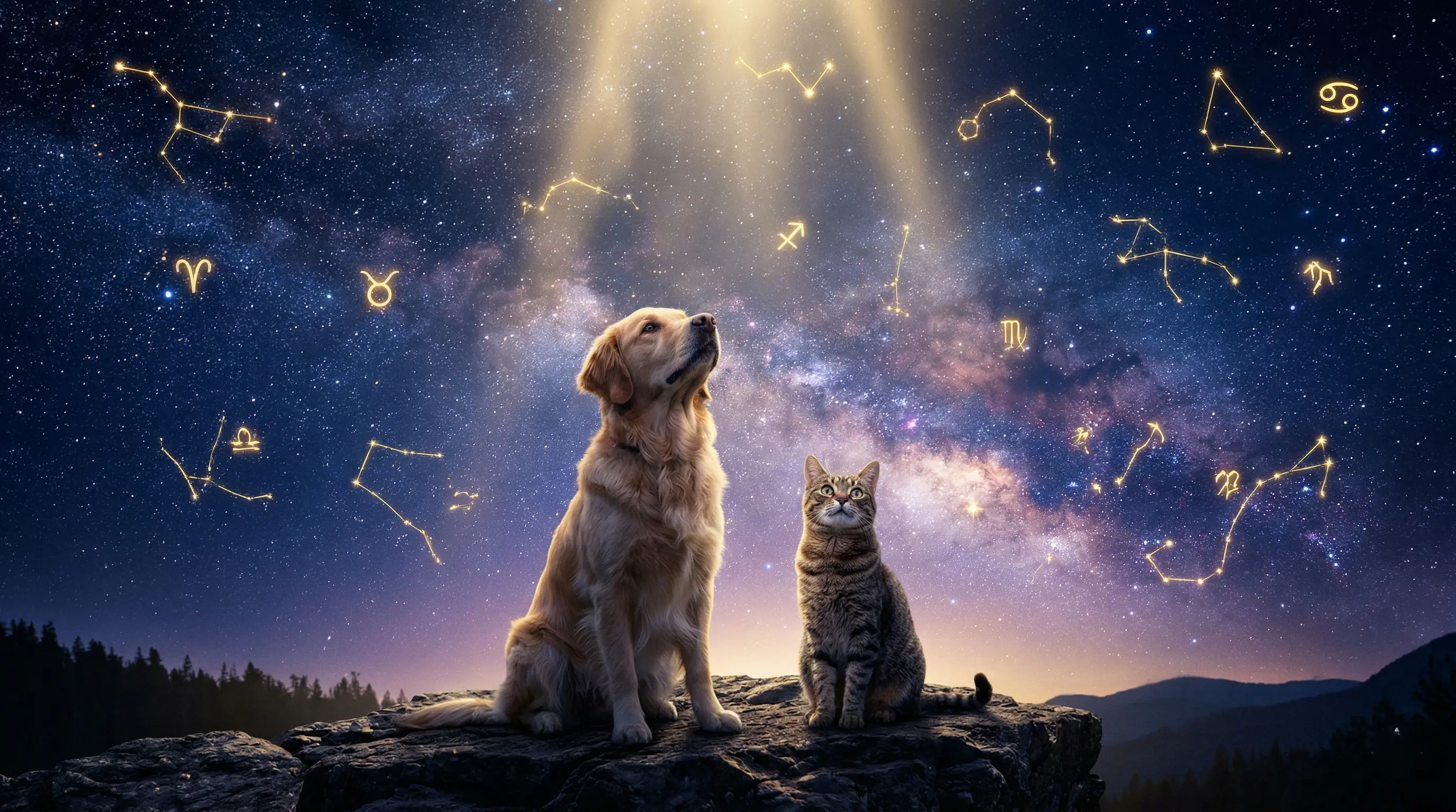 Dog and cat with zodiac constellations and celestial symbols — pet astrology guide