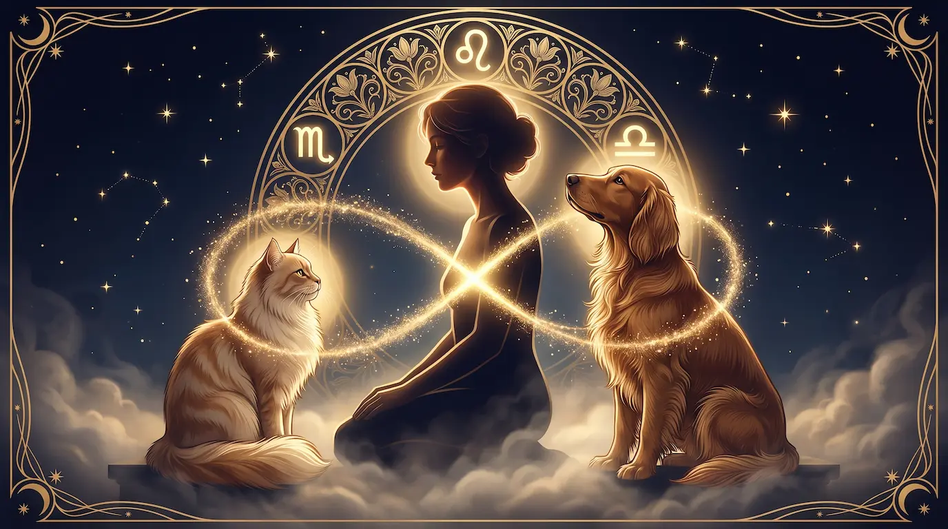 A celestial illustration of a human owner seated in the center with a dignified dog on one side and a serene long-haired cat on the other, all three connected by a luminous golden infinity loop of stardust, with the full twelve-sign zodiac wheel rendered in art-nouveau gold filigree against a deep midnight navy sky