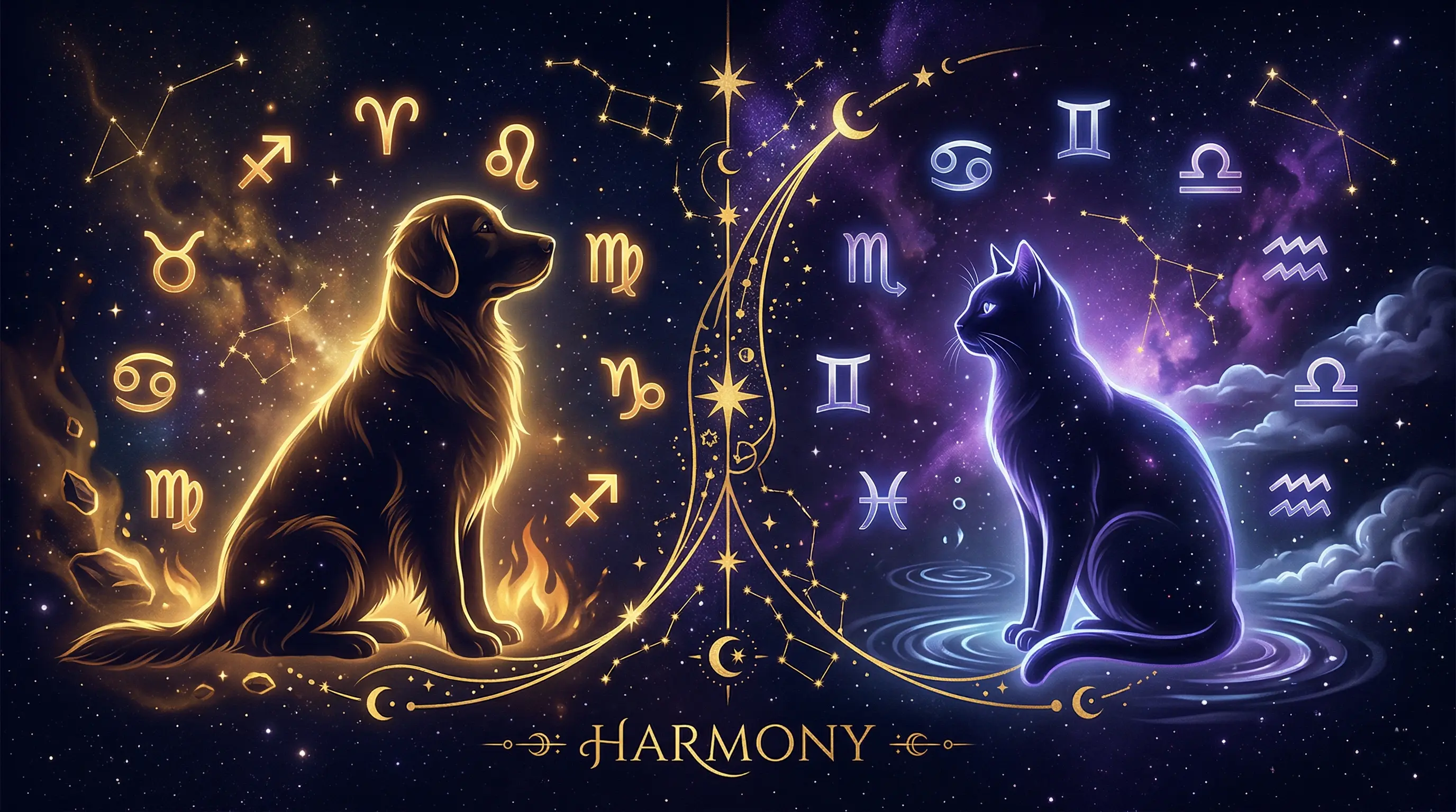 Zodiac wheel with pet silhouettes — all 12 pet zodiac signs overview