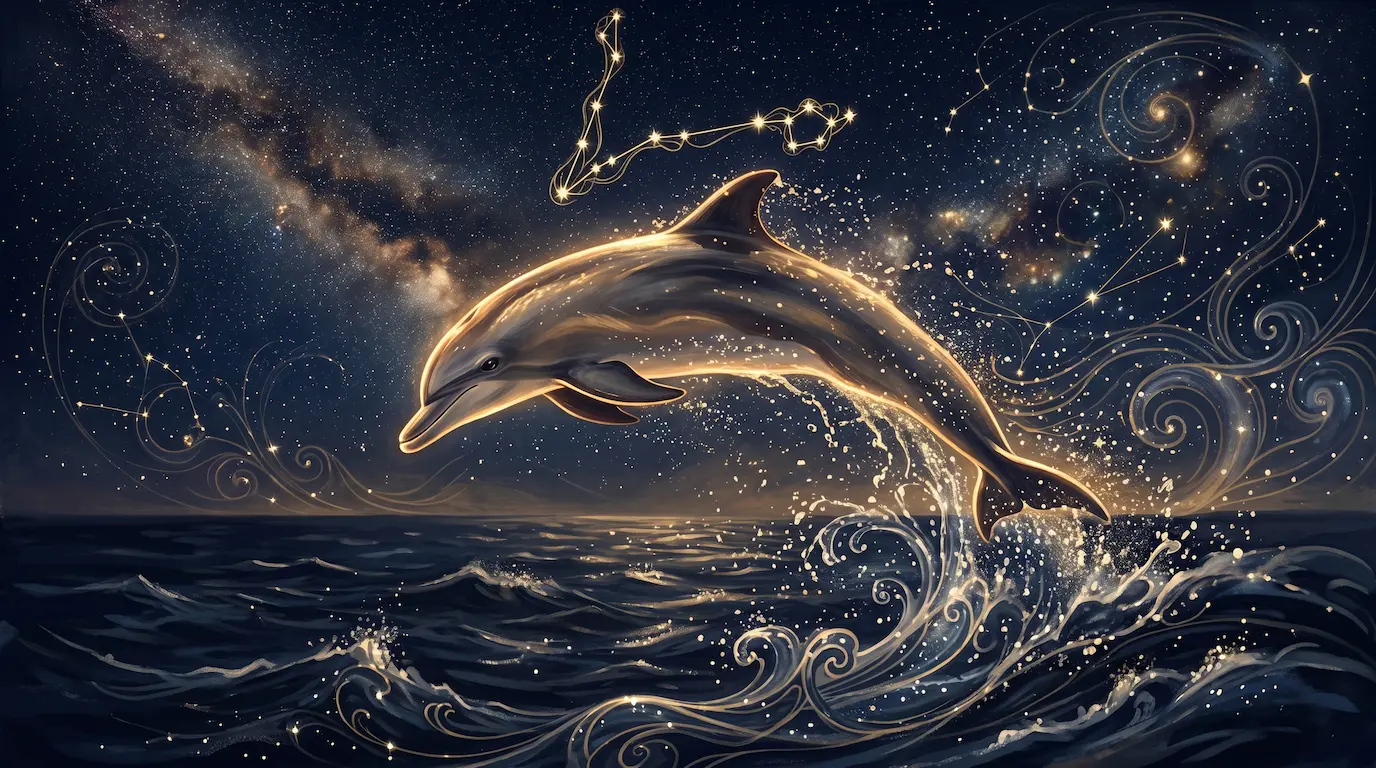 A dolphin arcing between dark sea and starlit sky under a midnight-navy night, gold light along its back, art-nouveau celestial accents and the Pisces constellation overhead — the Pisces spirit animal