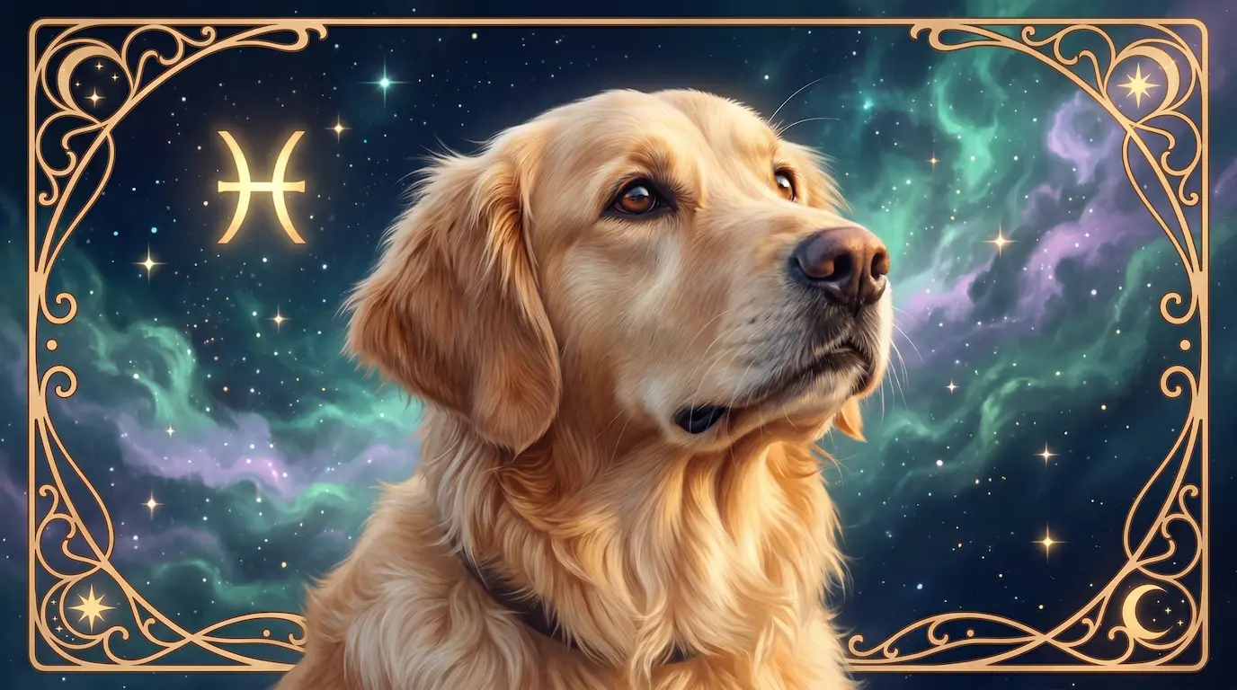 A soft, gentle dog with a dreamy, faraway expression against a cosmic nebula background with shimmering sea-green and lavender Neptune-tinted star clouds, embodying the empathic, sensitive energy of a Pisces canine