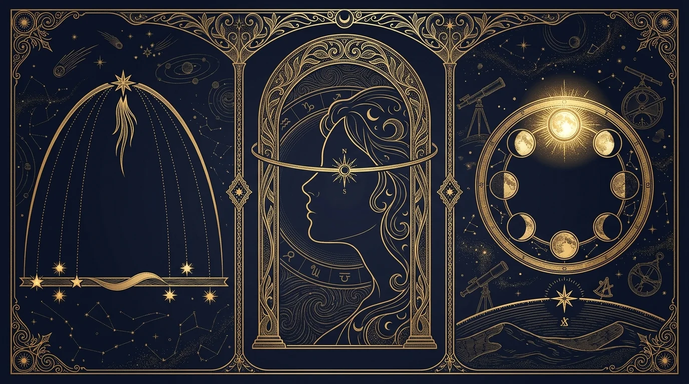 Three gold panels on deep navy: dotted lines rising from marked stars to converge on a single point, an art-nouveau profile wearing a horizon band set with a compass rose, and a ring of moon phases above a marked horizon