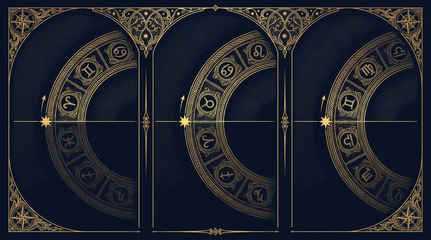 Three panels of the eastern horizon, each marking the rising point with a gold star, the zodiac ring rotated further in every panel so a different sign meets the horizon line