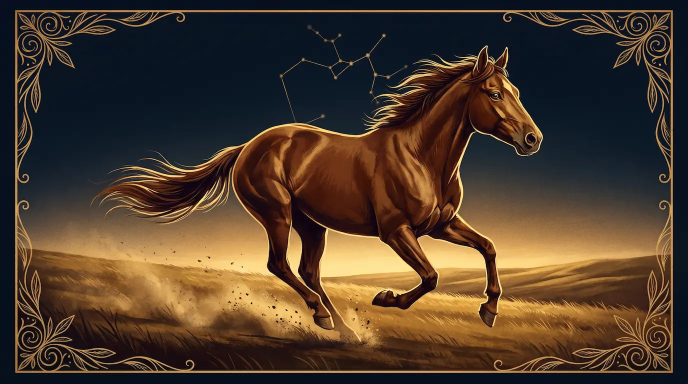 A wild chestnut mustang mid-gallop across an open plain at sunset, mane flowing, gold rim-lighting against deep navy sky, art-nouveau celestial accents — the Sagittarius spirit animal