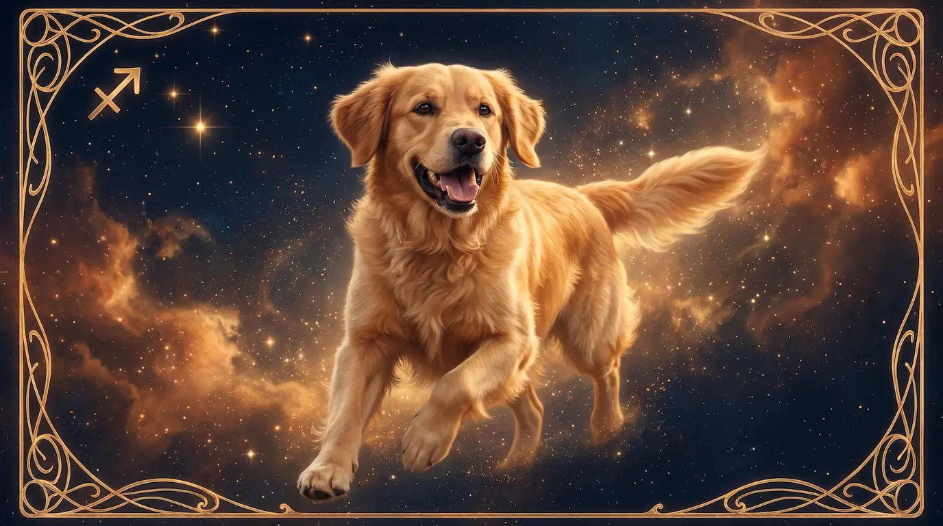 An exuberant dog mid-stride with an open, joyful expression against a cosmic nebula background with bright warm-orange Jupiter-tinted star clouds, embodying the adventurous, optimistic energy of a Sagittarius canine