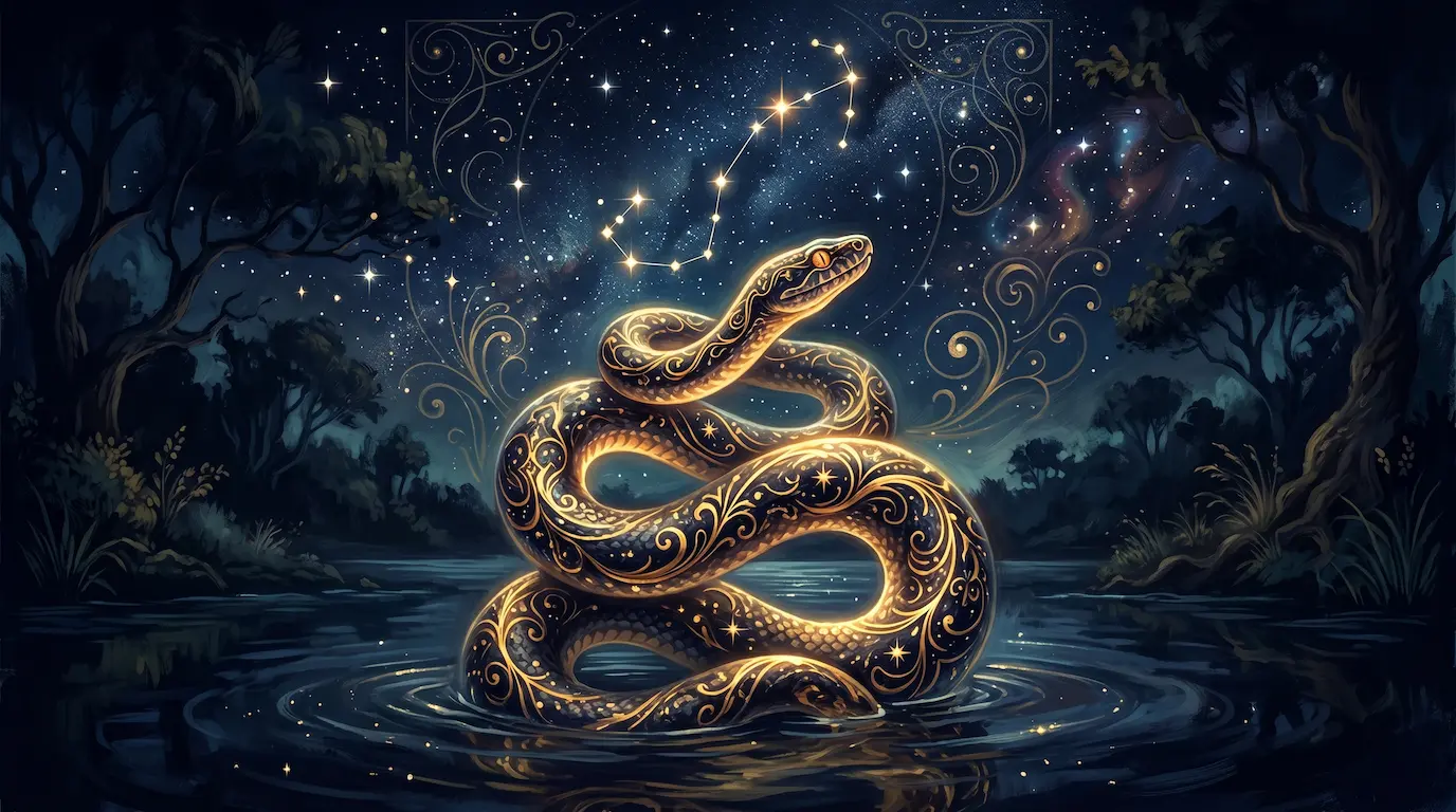 A coiled snake with luminous scales rising from dark water under a starry midnight sky, gold light tracing its body, art-nouveau celestial accents and the Scorpio constellation overhead — the Scorpio spirit animal