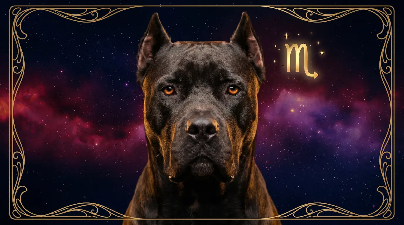A still, intense dog with a deep, steady gaze against a cosmic nebula background with dark crimson and deep-violet Pluto-tinted star clouds, embodying the devoted, intense energy of a Scorpio canine