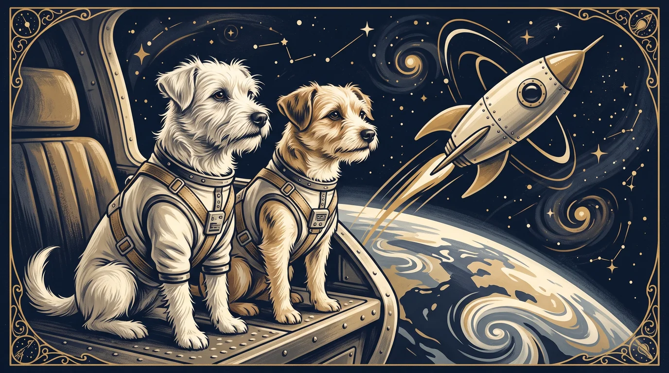 Retro illustration of two scruffy terrier-type dogs, one white and one tan, in 1960s space harnesses, sitting in a capsule hatch and looking out at the curve of the Earth and a passing rocket, in navy, cream and gold