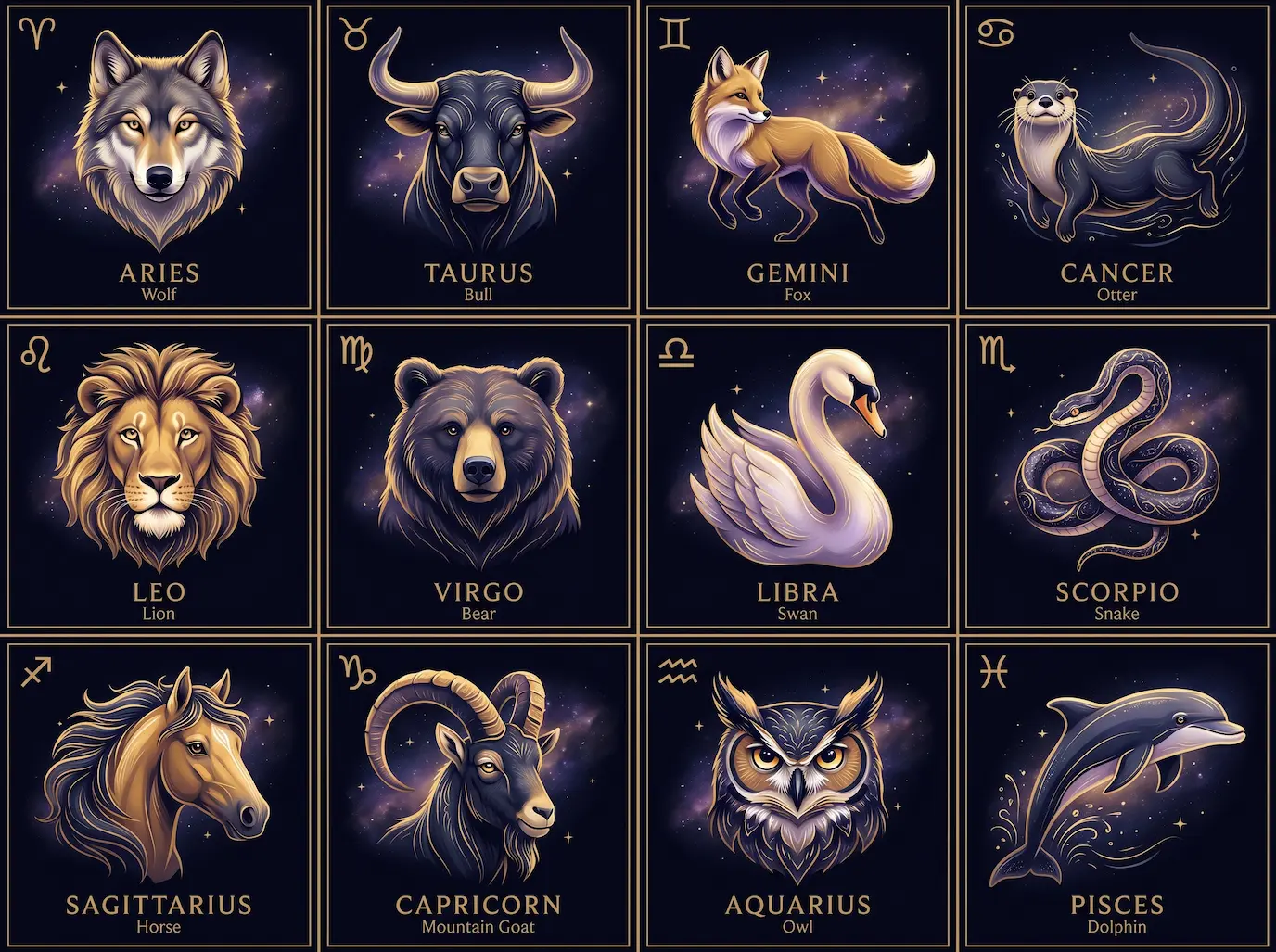 A 4-by-3 grid showing all twelve zodiac-matched spirit animals — Wolf, Bull, Fox, Otter, Lion, Bear, Swan, Snake, Horse, Mountain Goat, Owl, and Dolphin — each labeled with its sign glyph against a deep midnight navy background with constellations and gold accents