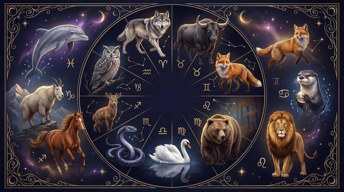 A celestial illustration of twelve spirit animals arranged in a zodiac wheel — Wolf, Bull, Fox, Otter, Lion, Bear, Swan, Snake, Horse, Mountain Goat, Owl, and Dolphin — rendered against a deep midnight navy sky with constellations and gold accents