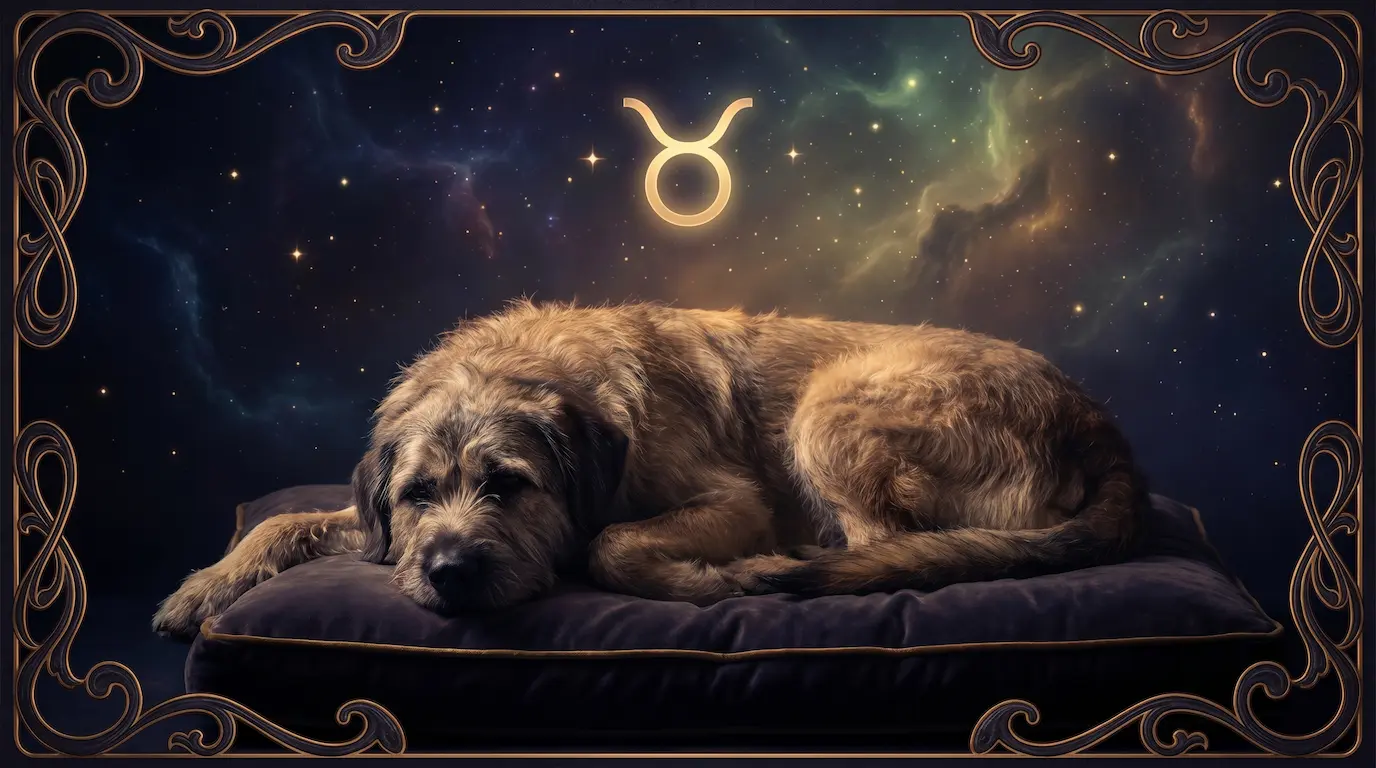 A calm, sturdy dog lying contentedly in a relaxed pose against a cosmic nebula background with warm earthy-gold and green Venus-tinted star clouds, embodying the steadfast, grounded energy of a Taurus canine