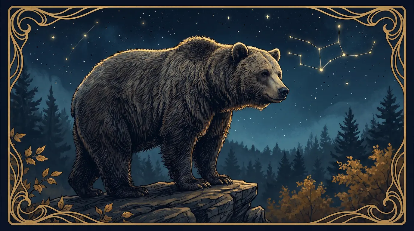 A grizzly bear standing on a forest ridge under a starlit autumn sky, gold rim-lighting on its brown fur, art-nouveau celestial accents — the Virgo spirit animal