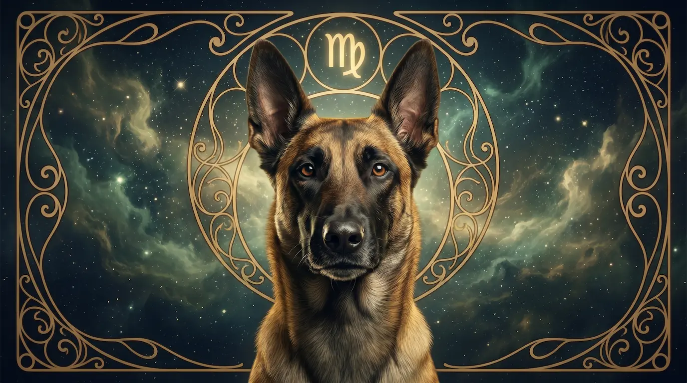 An alert, attentive dog with a focused, observant expression against a cosmic nebula background with cool earthy-green Mercury-tinted star clouds, embodying the watchful, precise energy of a Virgo canine