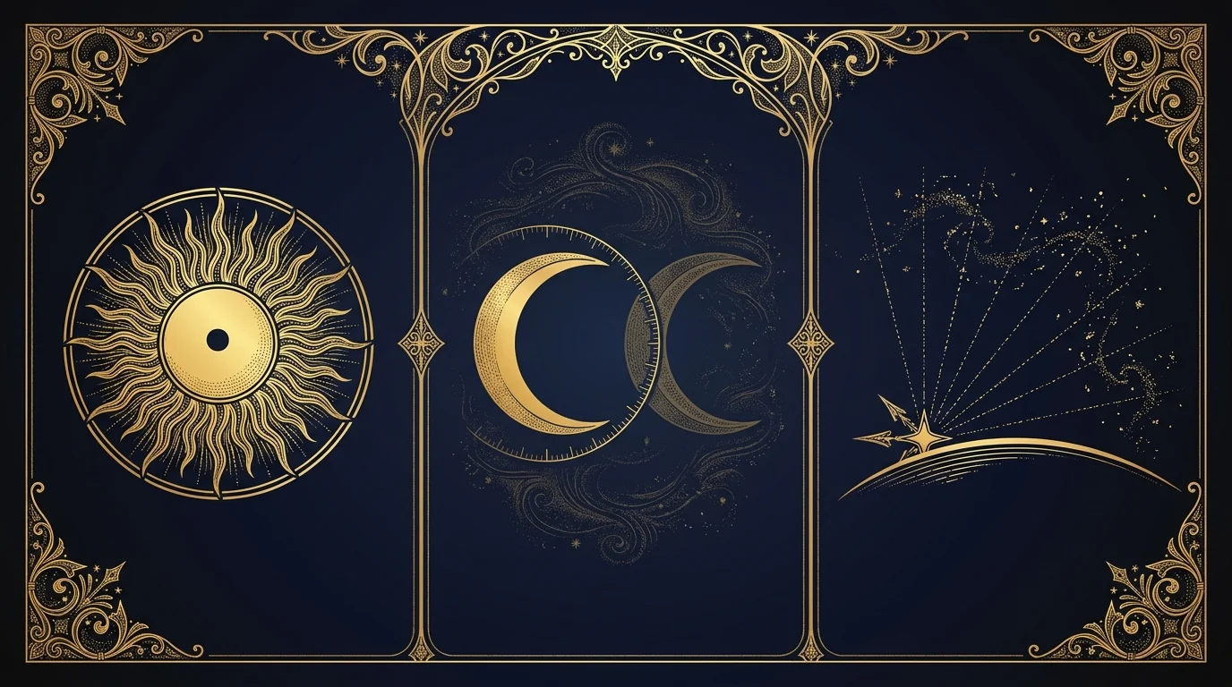 Three gold panels on deep navy: a complete radiant sun, two crescent moons side by side with a measuring scale between them, and a marked point whose rays scatter into unresolved particles