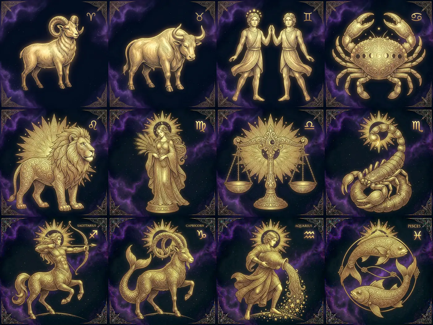 The twelve zodiac sign animals arranged in a 4 by 3 grid in order from Aries to Pisces — ram, bull, twins, crab, lion, maiden, scales, scorpion, centaur archer, sea-goat, water bearer, and fish — rendered in ornate gold lineart on a deep midnight navy background