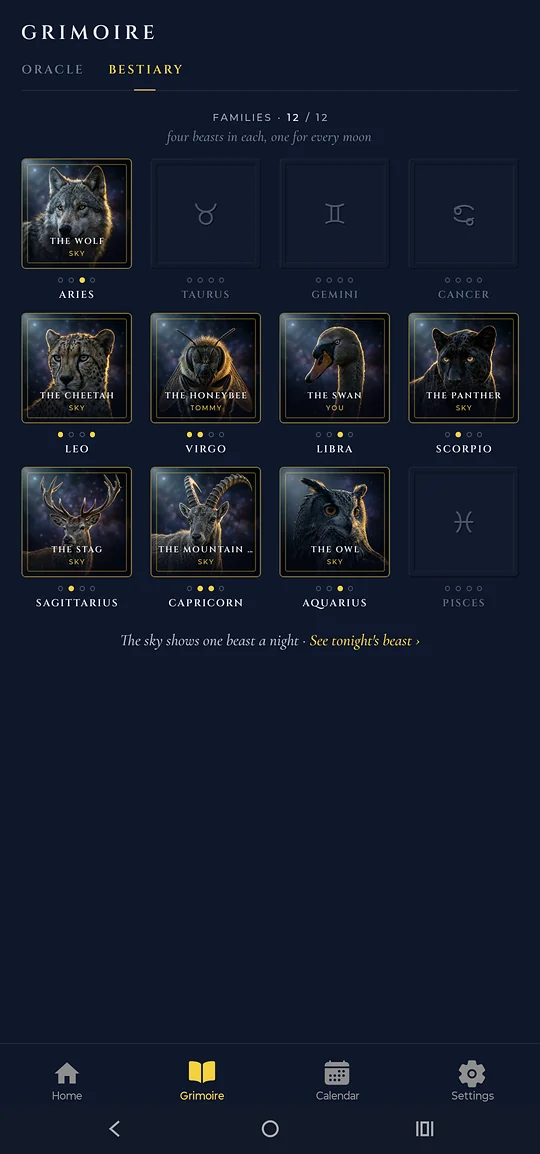 Twelve families of Star Beasts in the Aetris bestiary, with the Honeybee, one of the four Virgo beasts, already caught