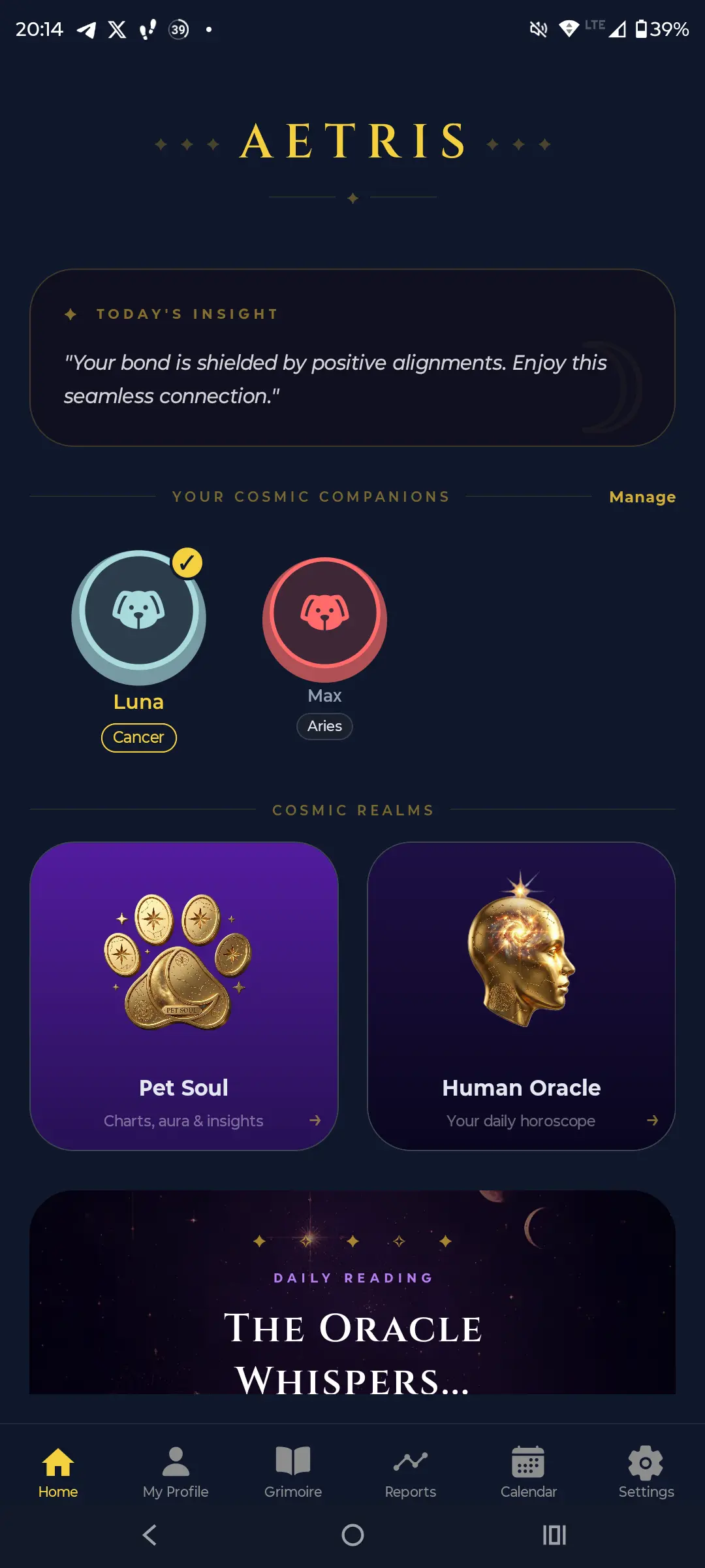 Aetris app home screen - Today's Insight and Cosmic Companions