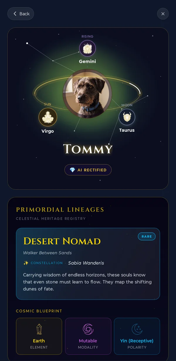 Aetris Soul Portal for a dog — his photo orbited by Sun in Virgo, Moon in Taurus and Rising in Gemini, marked AI Rectified