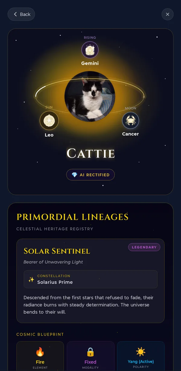 Aetris Soul Portal for a cat — the pet photo orbited by Sun, Moon and Rising placements, marked AI Rectified